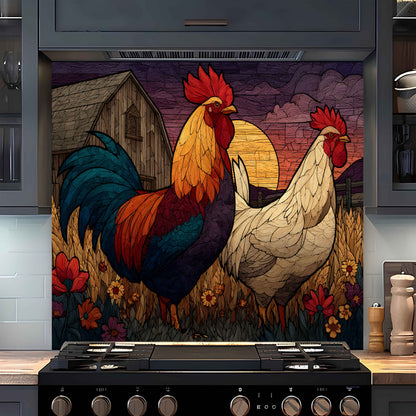 Tempered Glass Backsplash for Kitchen | Rustic Rooster and Hen Farm Scene Design
