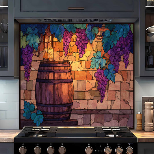 Tempered Glass Backsplash for Kitchen | Rustic Wine Barrel & Vineyard Grape Design