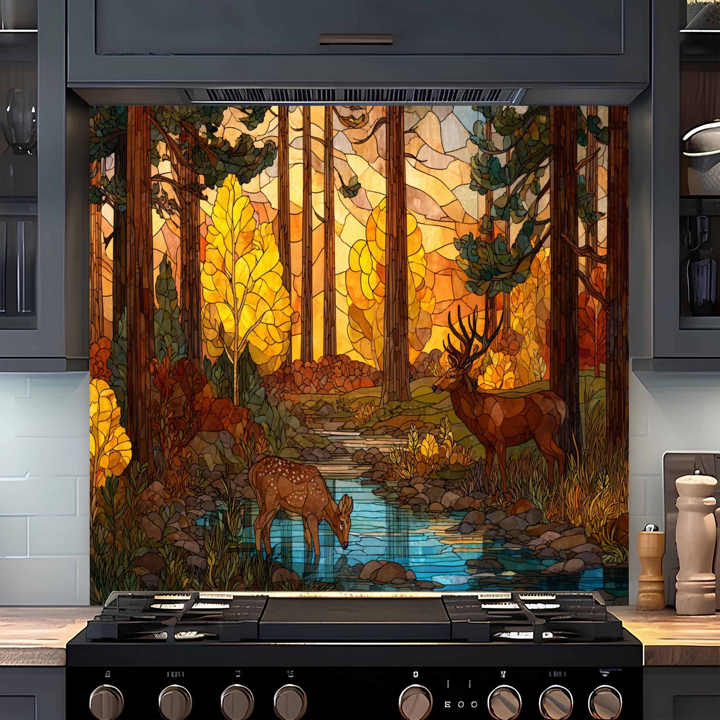 Tempered Glass Backsplash for Kitchen | Woodland Deer & Autumn Trees Stained Glass Look