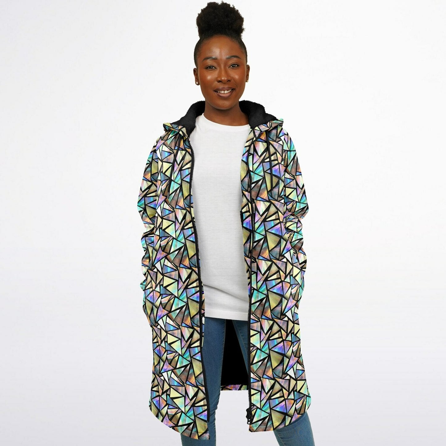 Geo Prism Cuddle Coat | Unisex Minky Sherpa Lined Coat with Hood, Zipper and Pockets | Women and Mens Festival Coat | Mountain Fashion