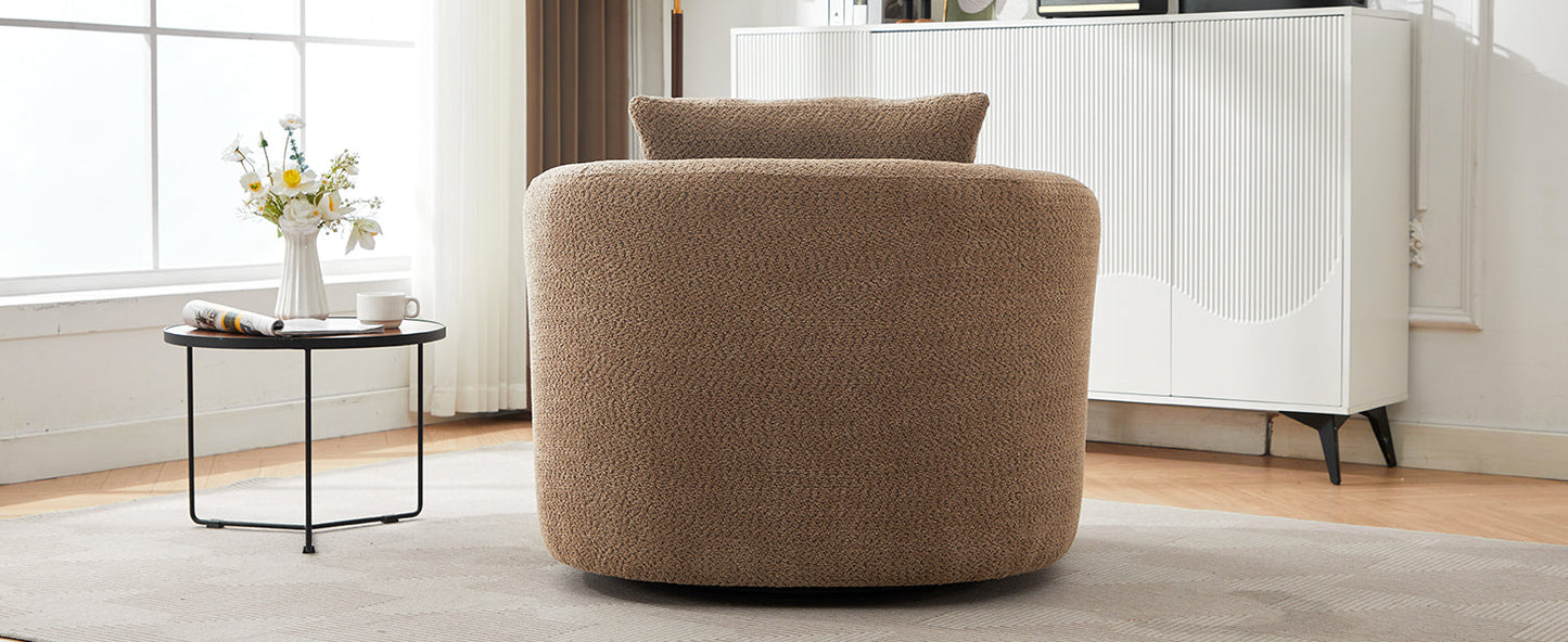 Chenille Upholstered 360° Swivel Chair with Throw Pillow, Dark Brown