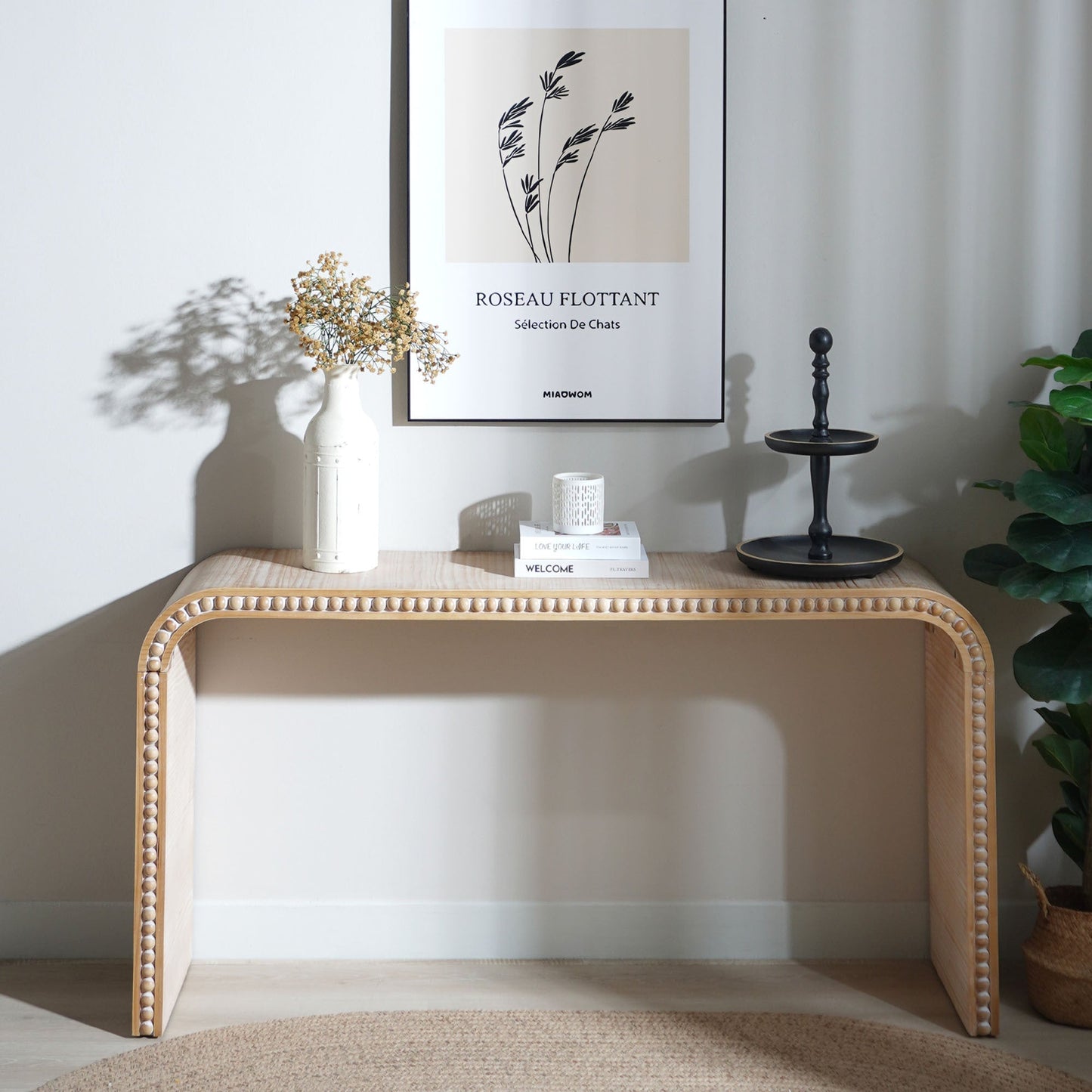 59in Console Table with Wood Beads and Curved Waterfall-Style Frame