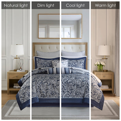12 Piece Comforter Set with Cotton Bed Sheets Navy King