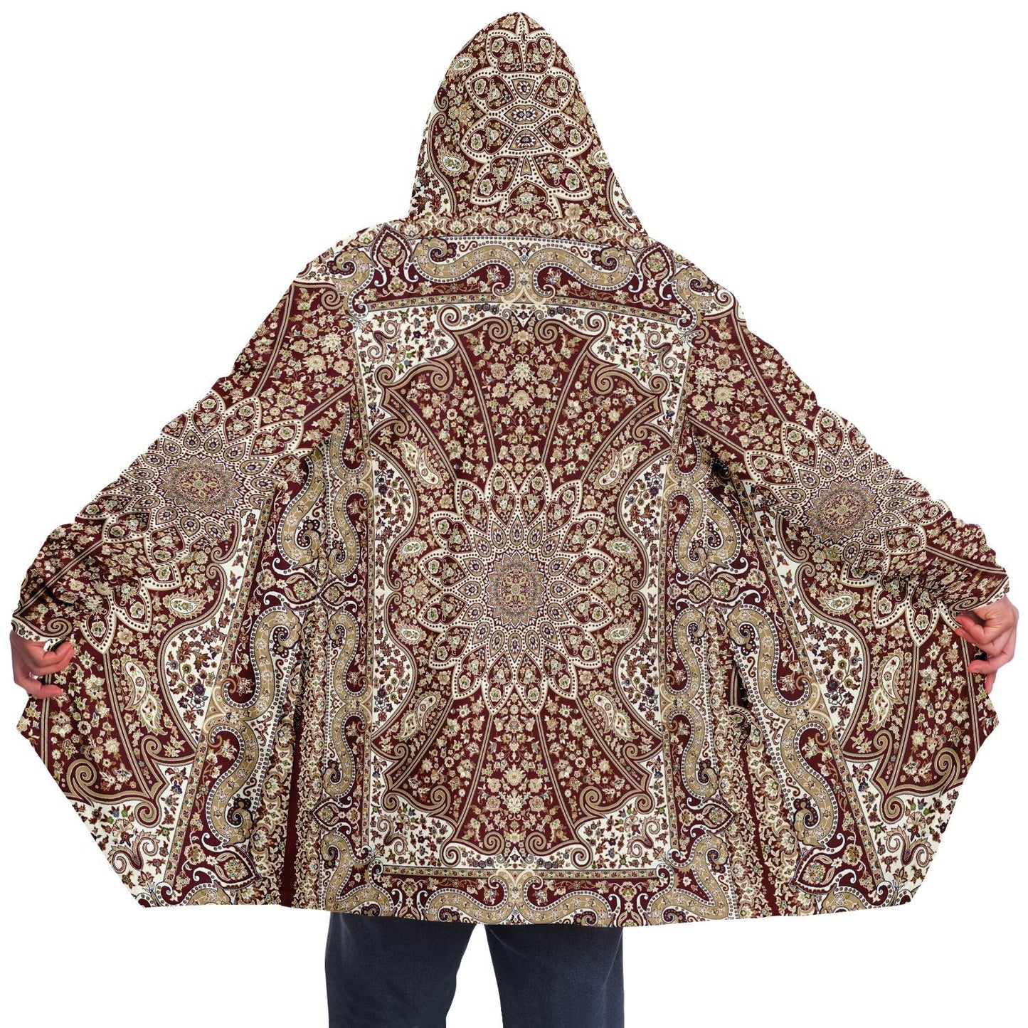 Classic Red Persian Carpet Cuddle Cloak | Unisex Minky Sherpa Lined Hooded Coat | Women and Mens Festival Coat | Mountain Fashion