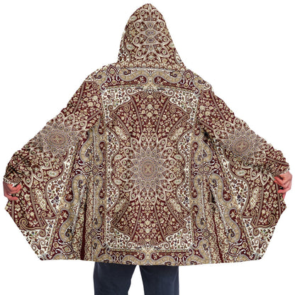 Classic Red Persian Carpet Cuddle Cloak | Unisex Minky Sherpa Lined Hooded Coat | Women and Mens Festival Coat | Mountain Fashion