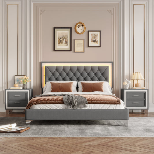3-Pieces Bedroom Set, Queen Size Upholstered Platform Bed with LED Lights and Two Nightstands - Gray
