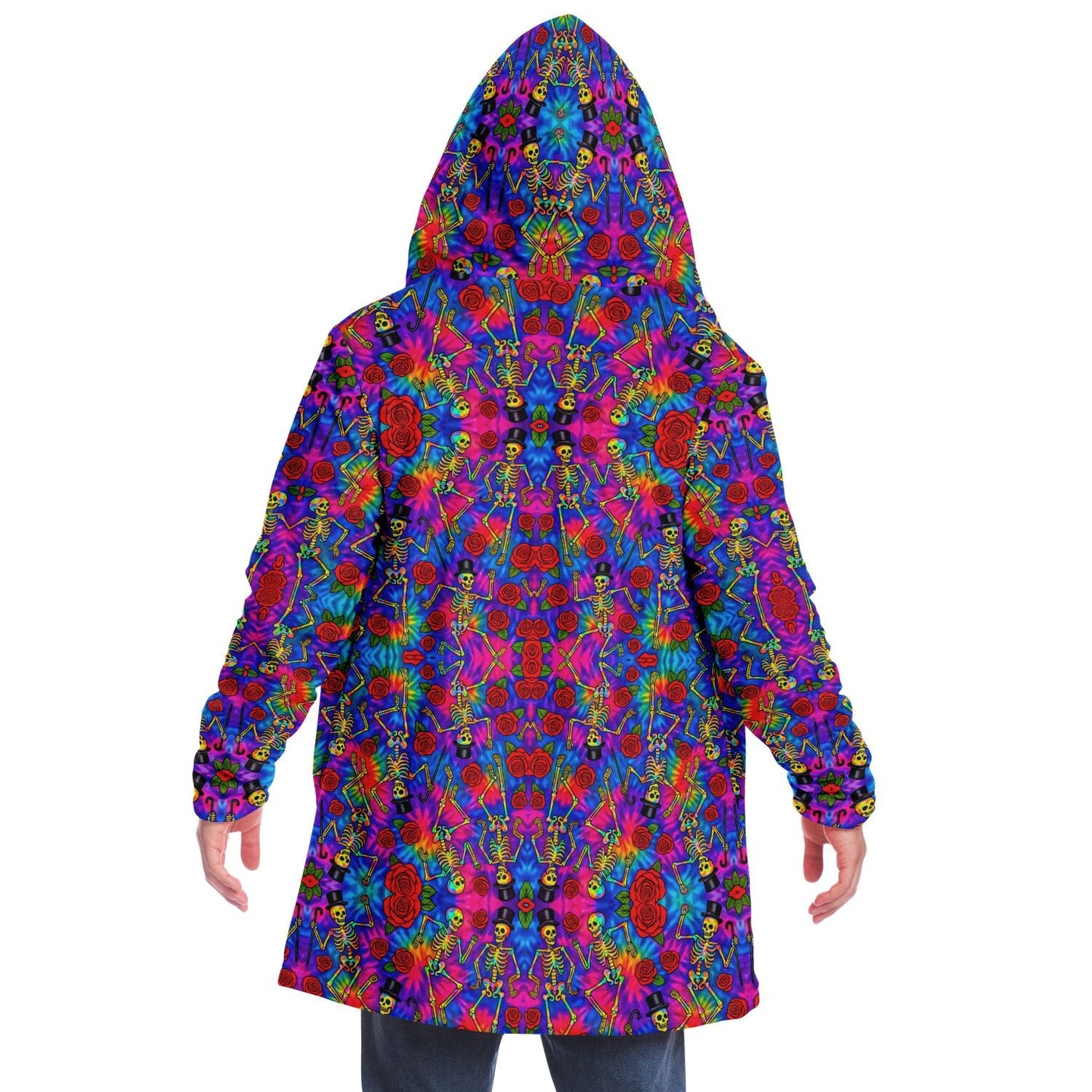 Tie Dye Dancing Skeleton Cuddle Cloak | Grateful Dead | Minky Sherpa Lined Coat with Hood, Zipper and Pockets | Women and Mens Festival Coat | Mountain Fashion