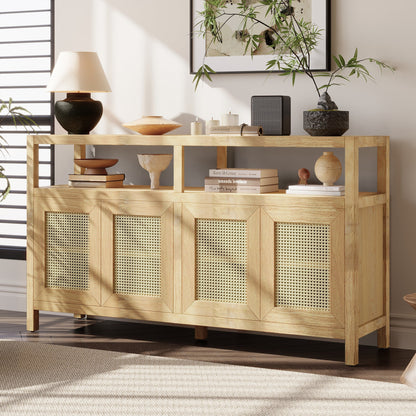 Bohemian Style Rattan Buffet Storage Cabinet with Solid Wood Frame