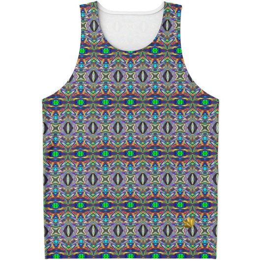 Holographic Print Tank Top – Trippy Geometric Festival Shirt with Optical Illusion Pattern