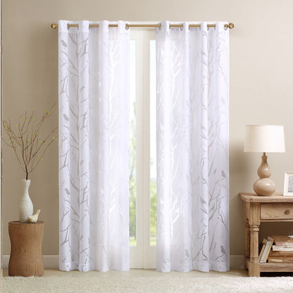 Grommet Top Sheer Bird on Branches Burnout Window Curtain Panel