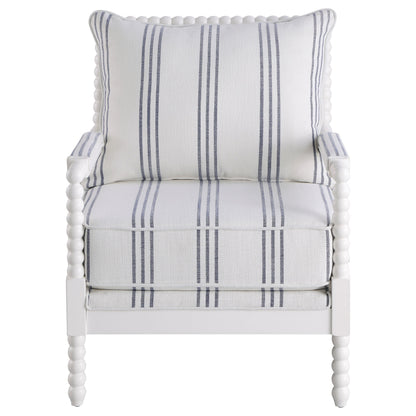White and Navy Upholstered Stripe Accent Chair with Linen-Like Fabric