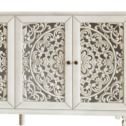 60" Antique Buffet Cabinet with Floral Carvings and Solid Wood Legs