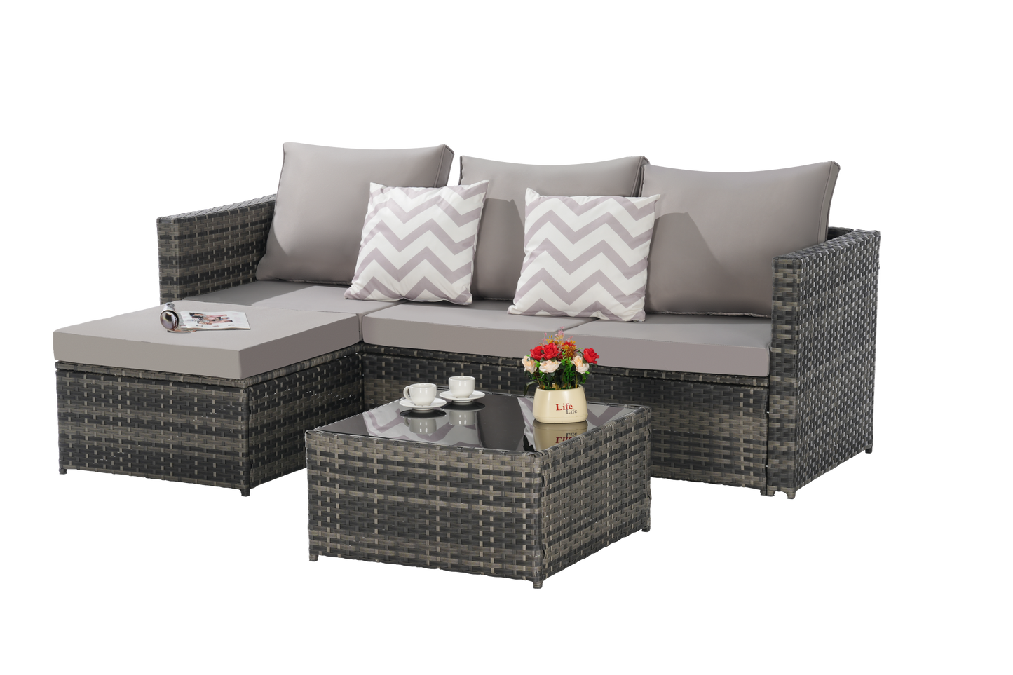 2 Pieces Patio Furniture Set with Woven Sectional and Ottoman