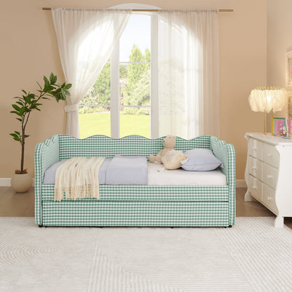 Cozy Gingham Daybed with Trundle Twin Size Sofa Bed No Box Spring Needed