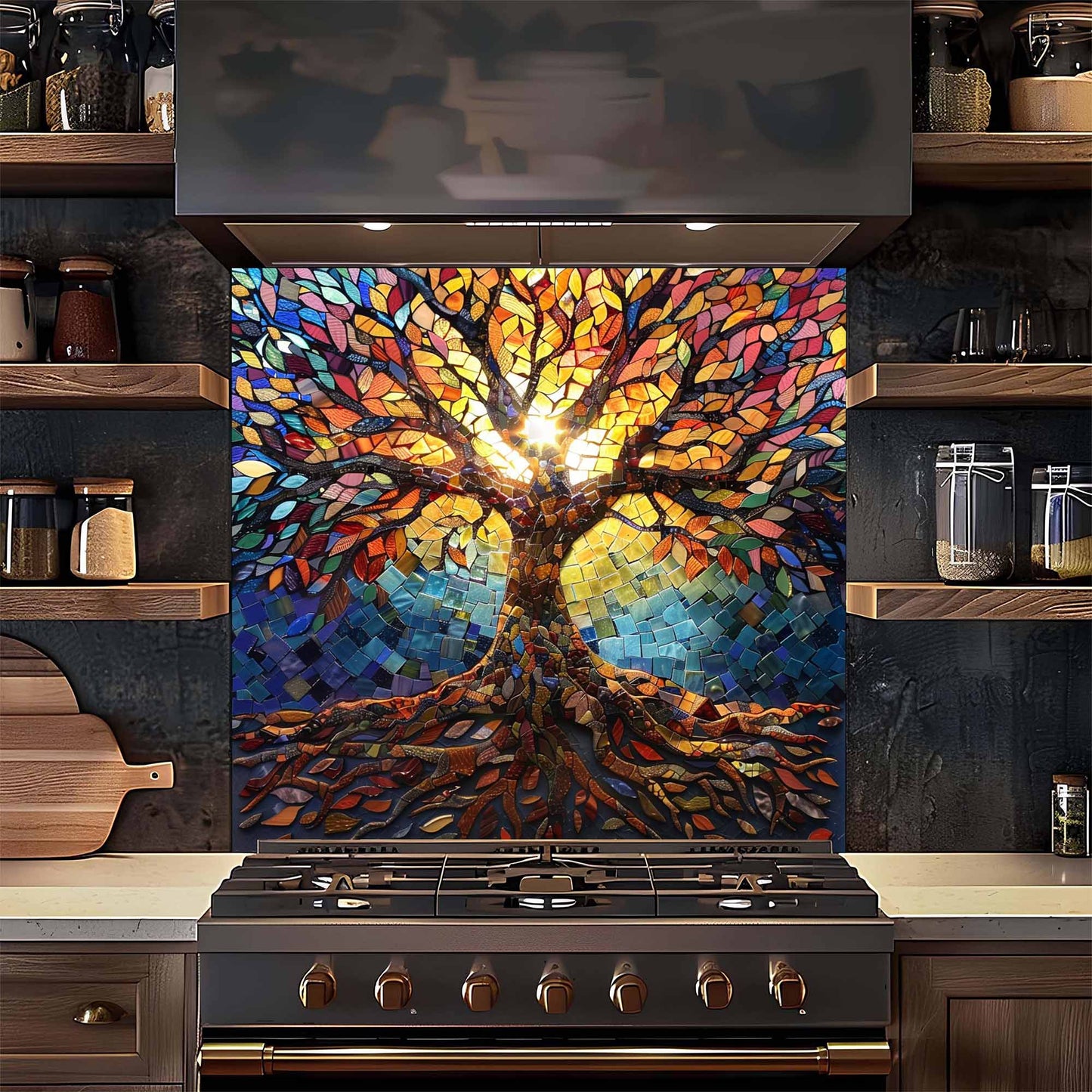 Mosaic Tree Tempered Glass Backsplash – Kitchen Backsplash for Stove or Sink