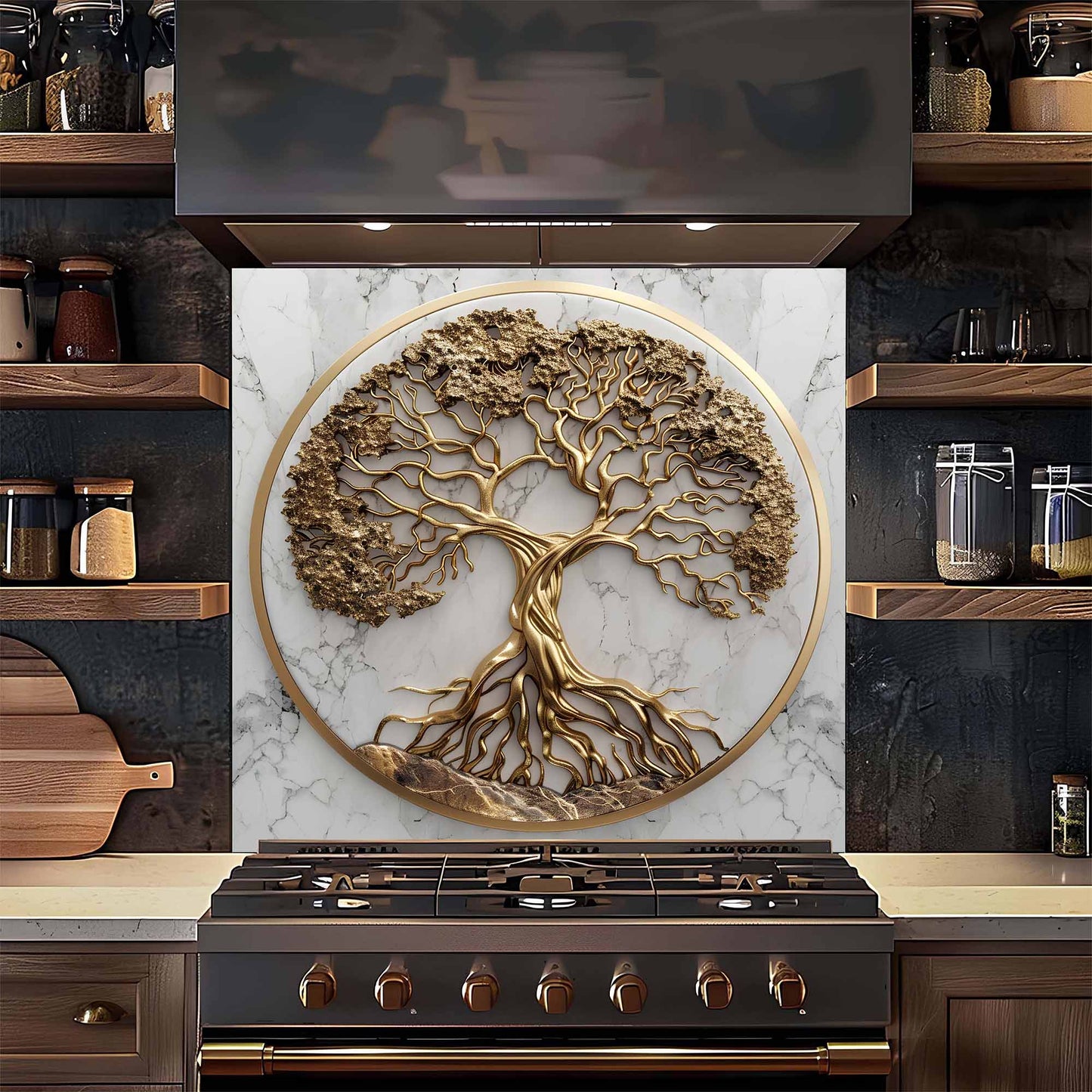 Golden Marble Tree Kitchen Backsplash – Tempered Glass Backsplash for Stove