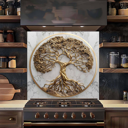 Golden Marble Tree Kitchen Backsplash – Tempered Glass Backsplash for Stove