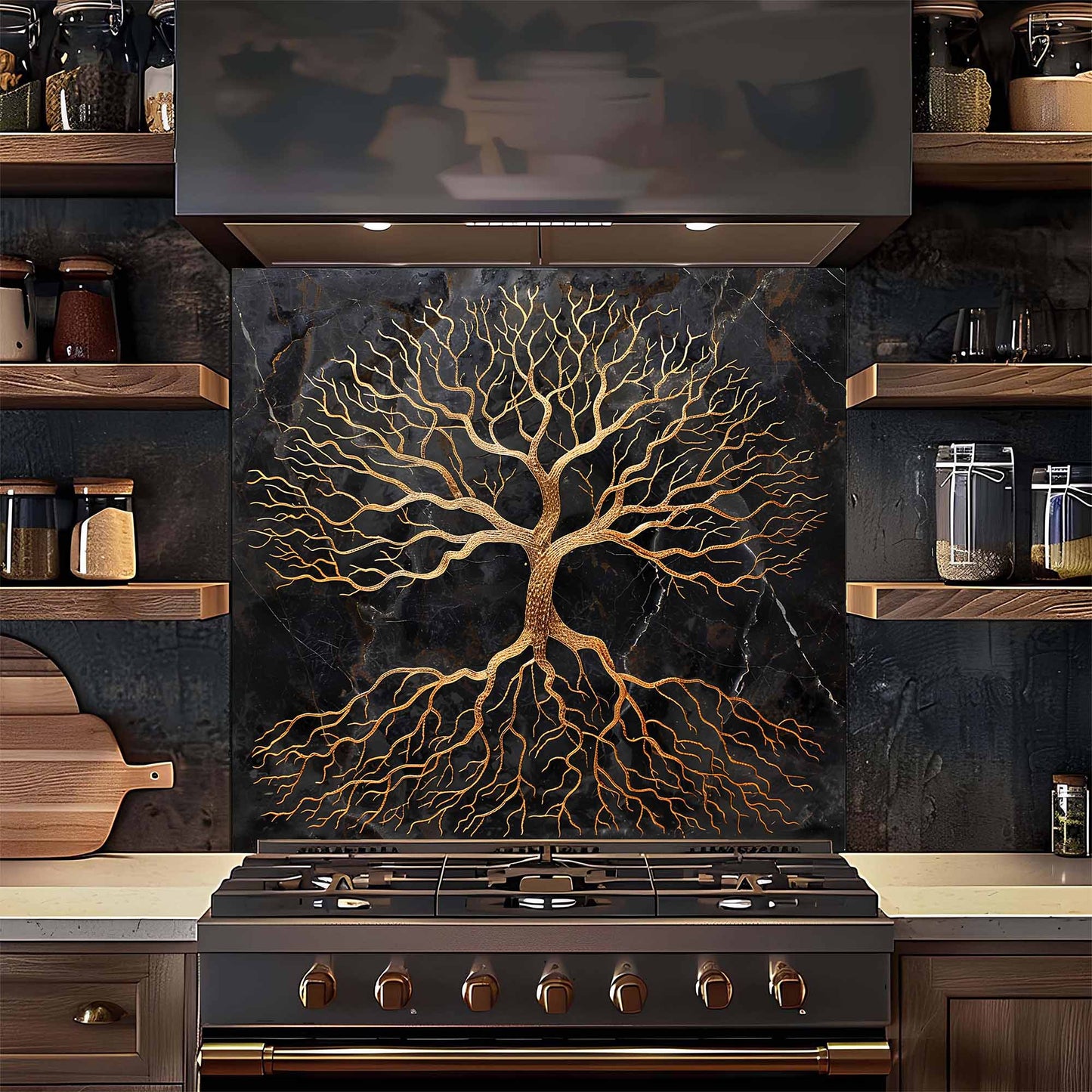 Golden Rooted Tree Glass Backsplash – Kitchen Backsplash Behind Stove