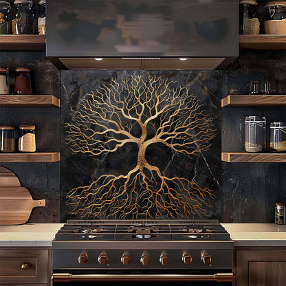 Golden Rooted Tree Glass Backsplash – Kitchen Backsplash Behind Stove