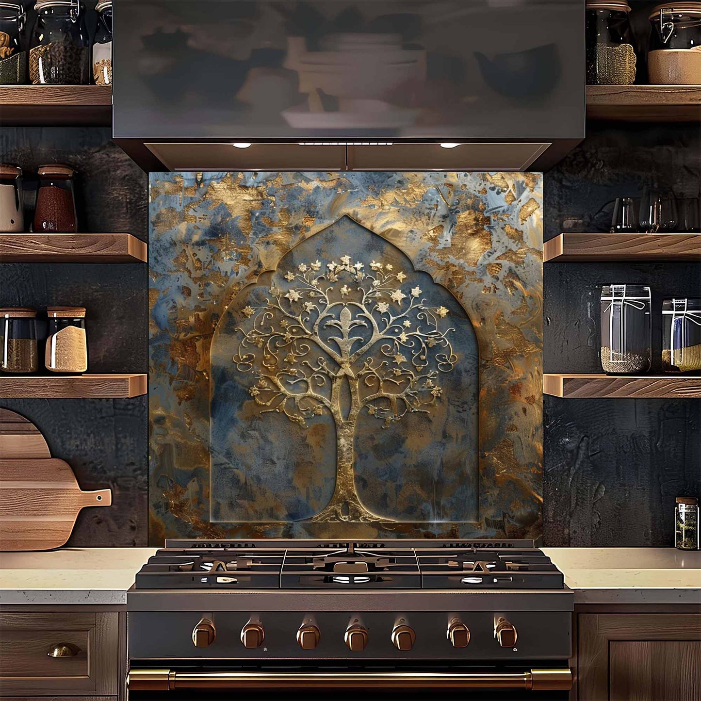 Golden Bloom Tempered Glass Backsplash – Tree of Life Kitchen Backsplash
