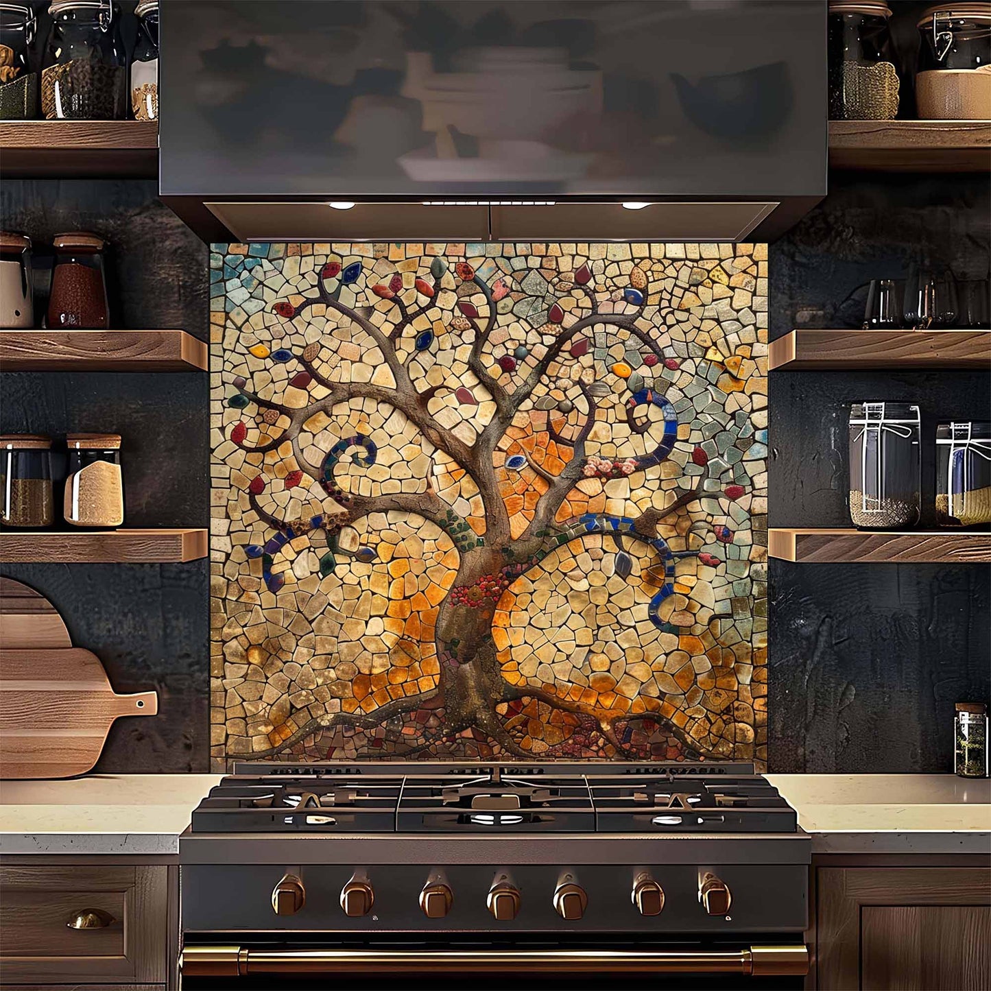 Tempered Glass Kitchen Backsplash – Mosaic Tree of Life Panel for Rustic & Artistic Kitchens