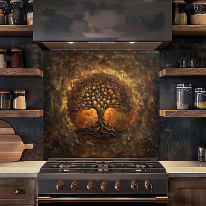 Mystic Ember Tempered Glass Backsplash – Tree of Life Kitchen Backsplash for Stove