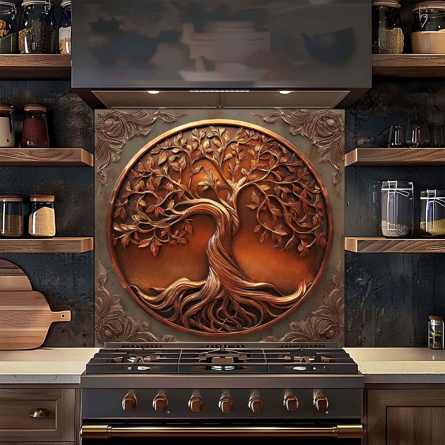 Copper Tree of Life Kitchen Backsplash - Tempered Glass Backsplash