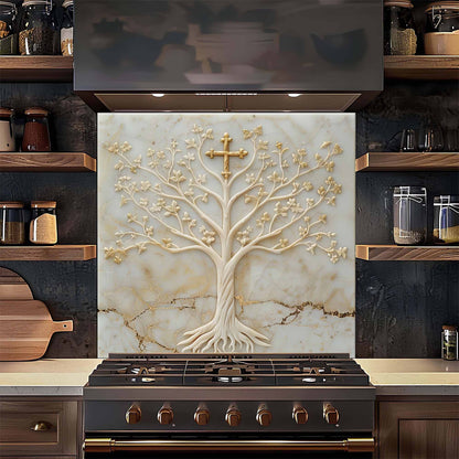 Divine Ivory Tempered Glass Backsplash – Gold Cross Tree of Life Kitchen Backsplash