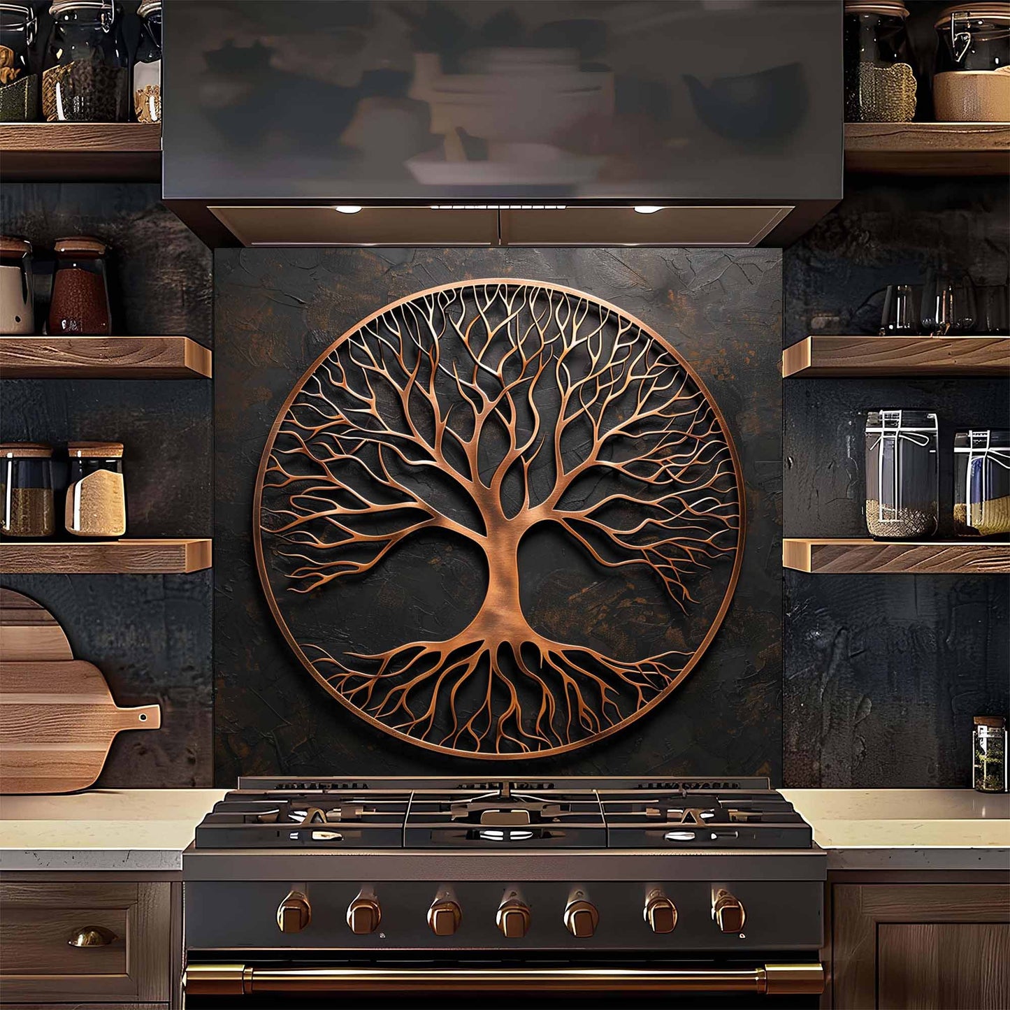 Brushed Roots Tempered Glass Backsplash – Copper Look Tree of Life Kitchen Backsplash