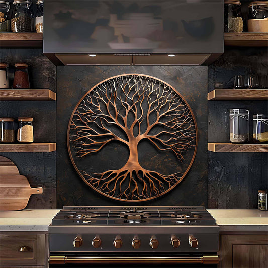 Brushed Roots Tempered Glass Backsplash – Copper Look Tree of Life Kitchen Backsplash