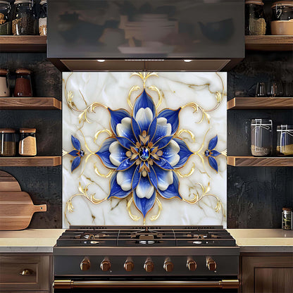 Tempered Glass Backsplash for Kitchen – Royal Blue Blossom Custom Splashback