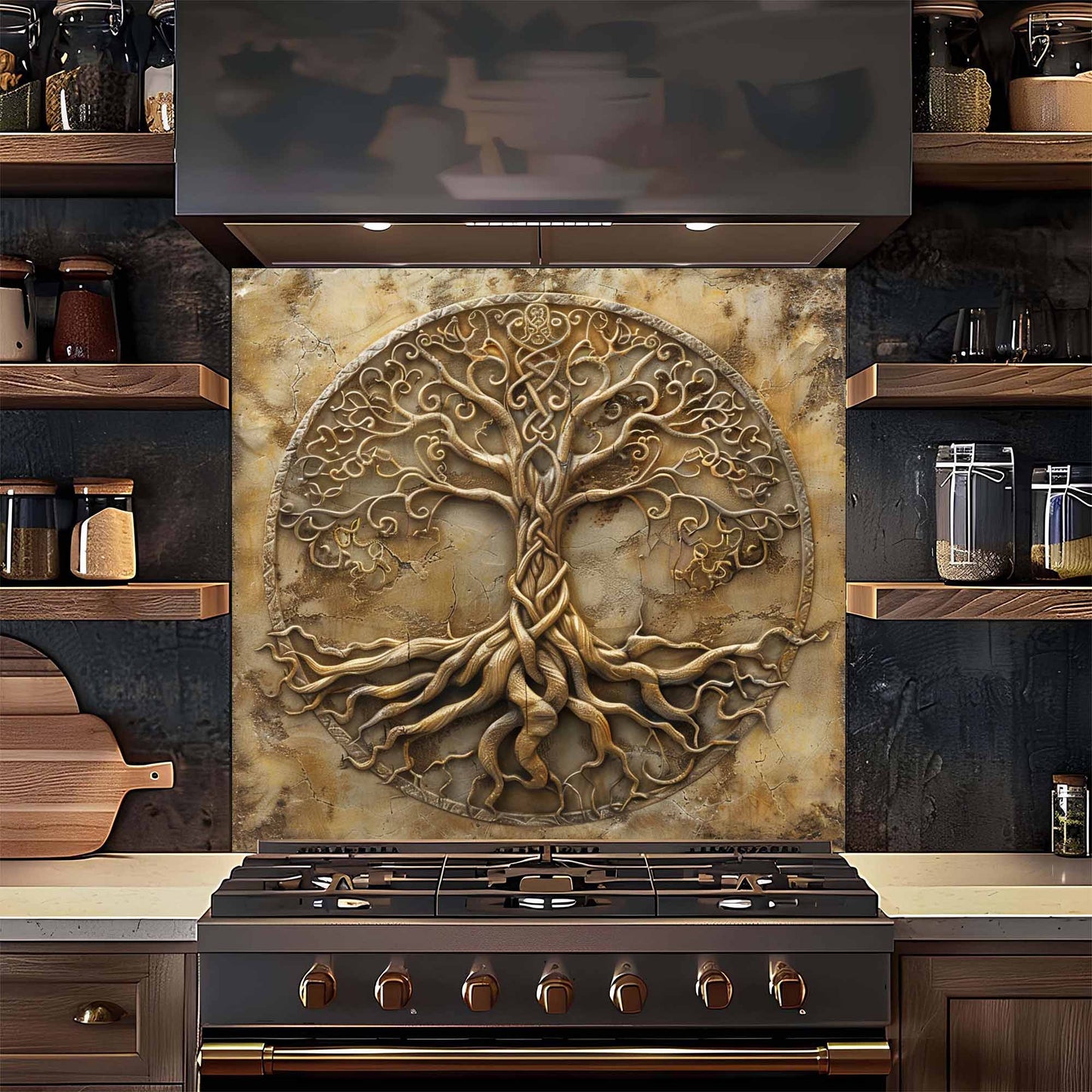 Golden Root Tempered Glass Backsplash – Tree of Life Kitchen Backsplash