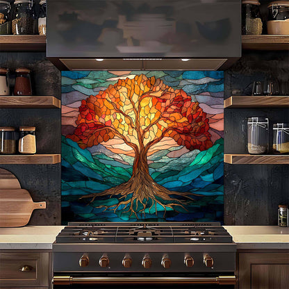 Luminous Flame Tree Glass Backsplash – Tempered Glass Backsplash for Kitchen Stove
