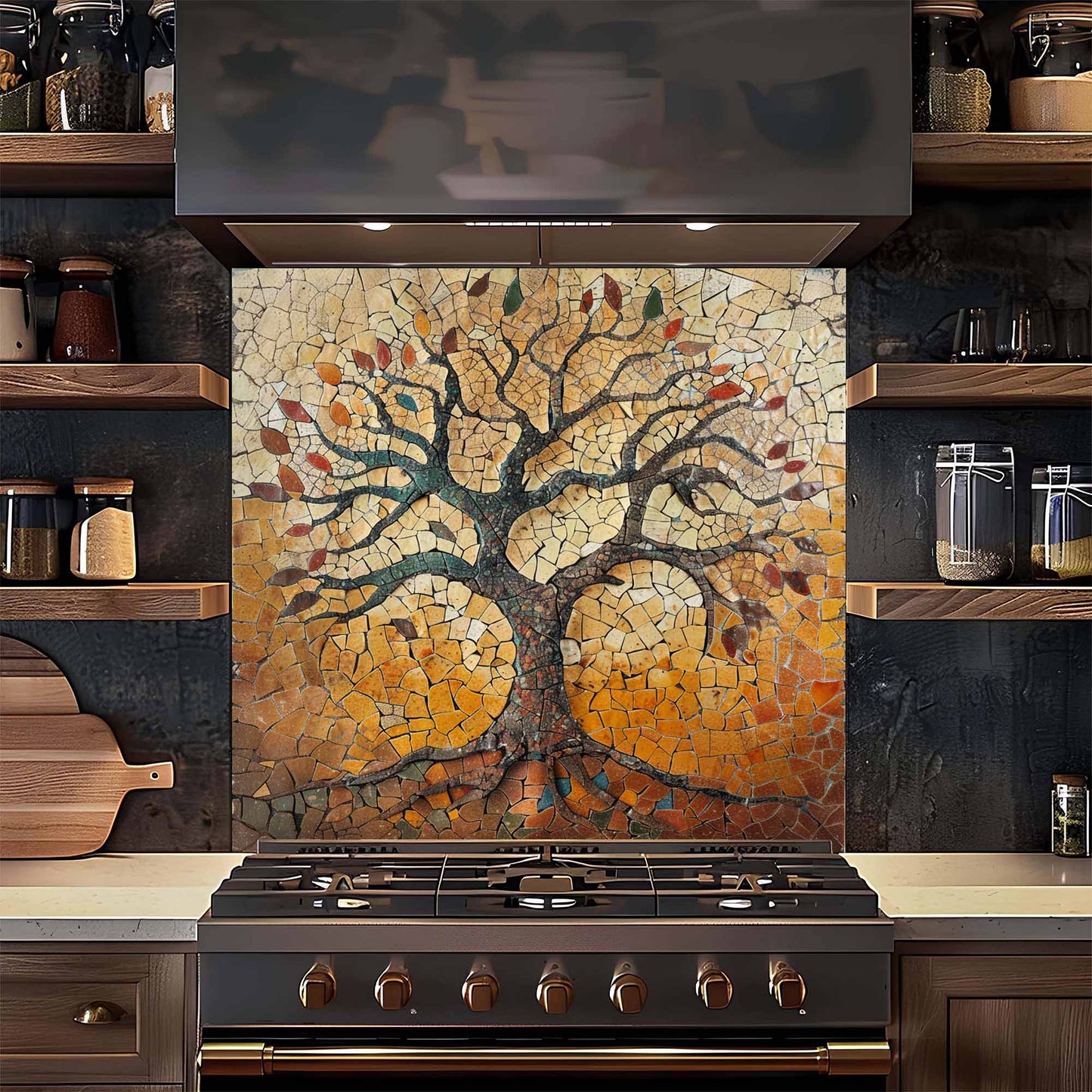 Rustic Tempered Glass Backsplash – Autumn Mosaic Tree of Life Kitchen Backsplash
