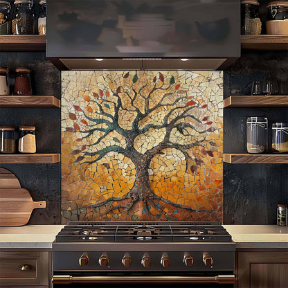 Rustic Tempered Glass Backsplash – Autumn Mosaic Tree of Life Kitchen Backsplash