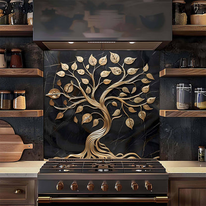 Golden Vine Tree Stove Backsplash – Tempered Glass Backsplash for Kitchen