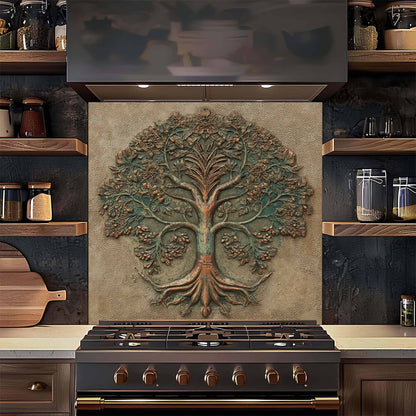 Verdigris Bloom Kitchen Backsplash – Tree of Life Glass Backsplash for Stove