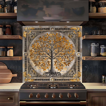 Gilded Harmony Tree of Life Kitchen Backsplash – Tempered Glass Backsplash for Stove