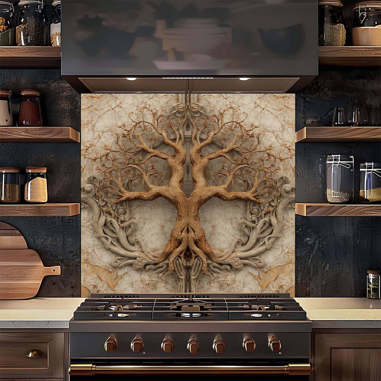 Twin Root Tempered Glass Backsplash – Tree of Life Stove Backsplash