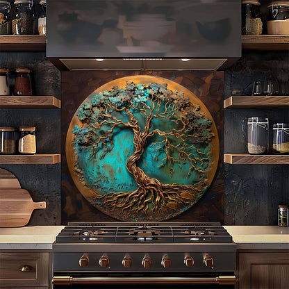 Verdigris Copper Tree Tempered Glass Backsplash – Rustic Glass Backsplash for Kitchen