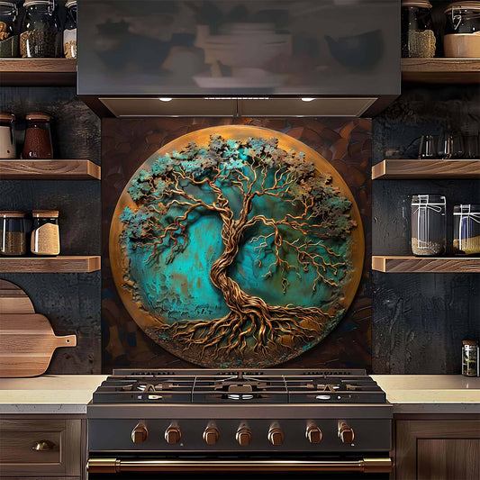 Verdigris Copper Tree Tempered Glass Backsplash – Rustic Glass Backsplash for Kitchen