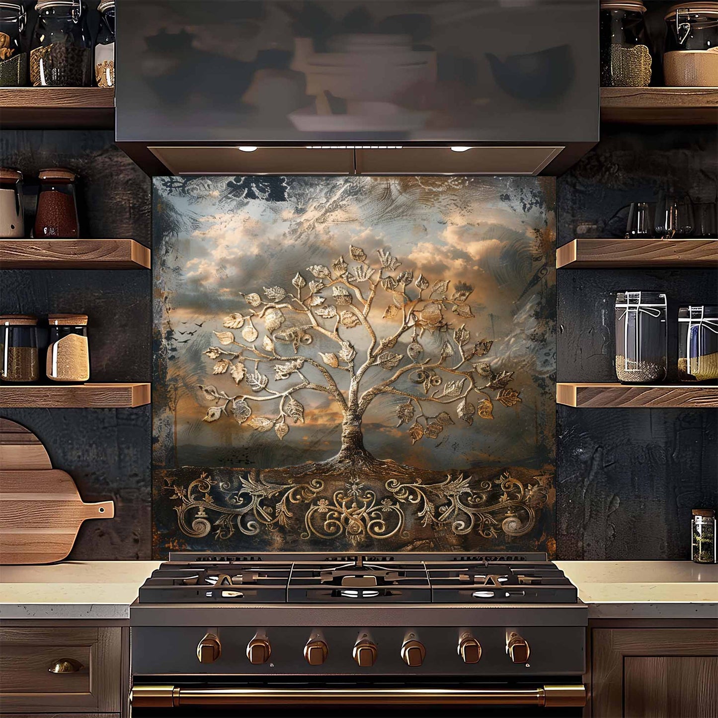 Golden Flourish Kitchen Backsplash –  Tree of Life Glass Backsplash for Stove