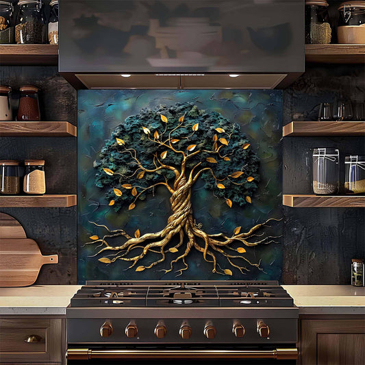 Golden Roots Tree Glass Backsplash – Tempered Glass Backsplash for Kitchen