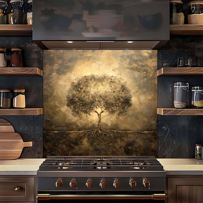 Golden Aura Tempered Glass Backsplash – Tree of Life Kitchen Backsplash