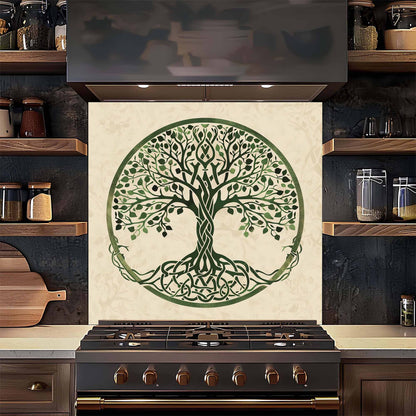 Celtic Roots Tempered Glass Backsplash – Green Tree of Life Kitchen Backsplash for Stove