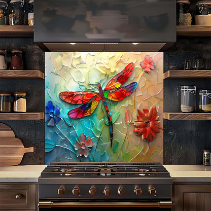 Custom Kitchen Backsplash – Rainbow Dragonfly Tempered Glass Stove Backsplash