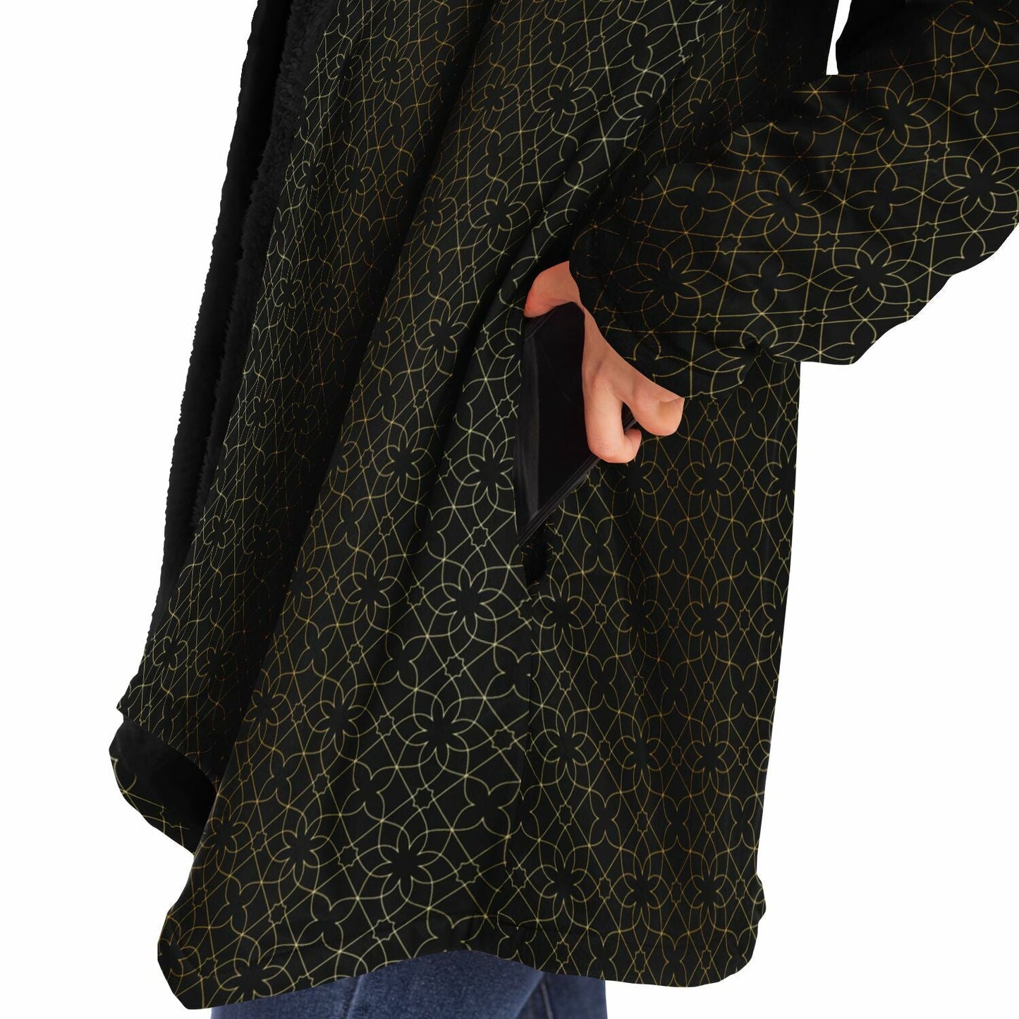 Black and Gold Sacred Geometry Flower Cuddle Cloak | Unisex Minky Sherpa Lined Hooded Coat | Women and Mens Festival Coat | Mountain Fashion