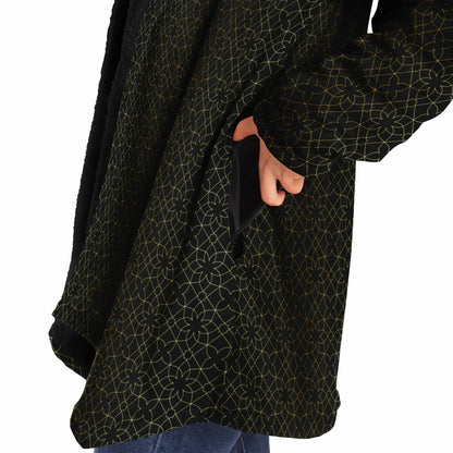 Black and Gold Sacred Geometry Flower Cuddle Cloak | Unisex Minky Sherpa Lined Hooded Coat | Women and Mens Festival Coat | Mountain Fashion