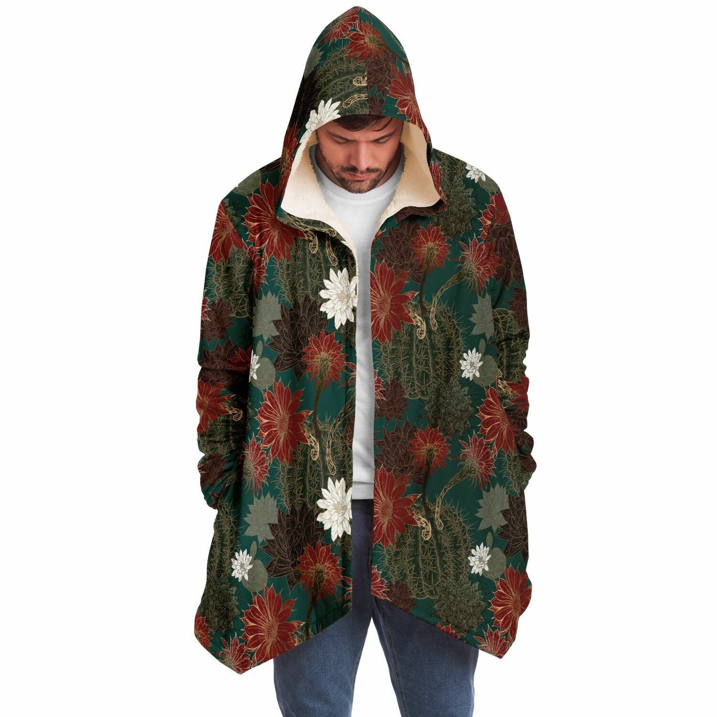 Desert Flowers Cuddle Cloak | Green Red | Unisex Minky Sherpa Lined Hooded Coat | Women and Mens Festival Coat | Mountain Fashion