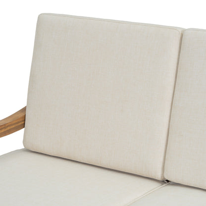 Outdoor Acacia Wood Loveseat with Cushions, Natural Finish with Beige Fabric
